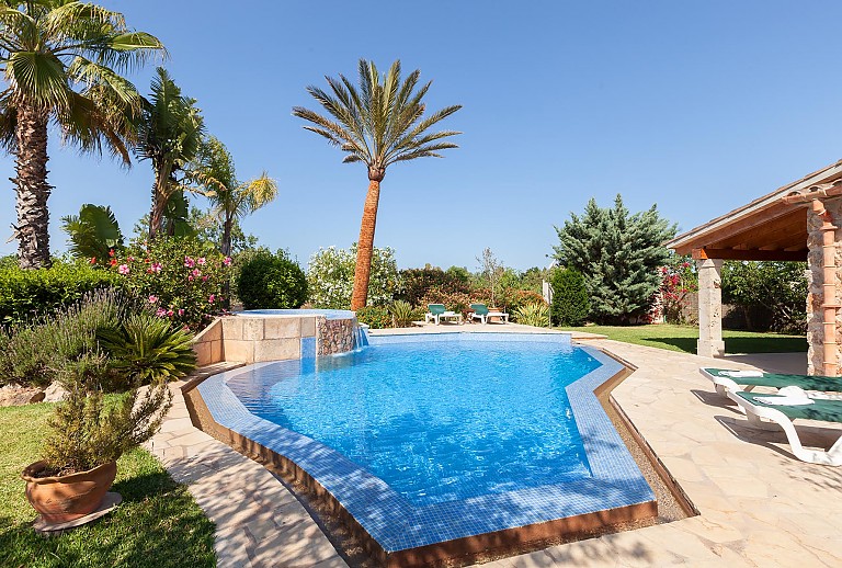 Pool Palmen Rasen Aussendusche Sonnenliegen Terrasse