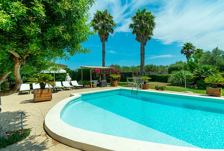 Finca Topfpflanzen Pool Sonnenschirm