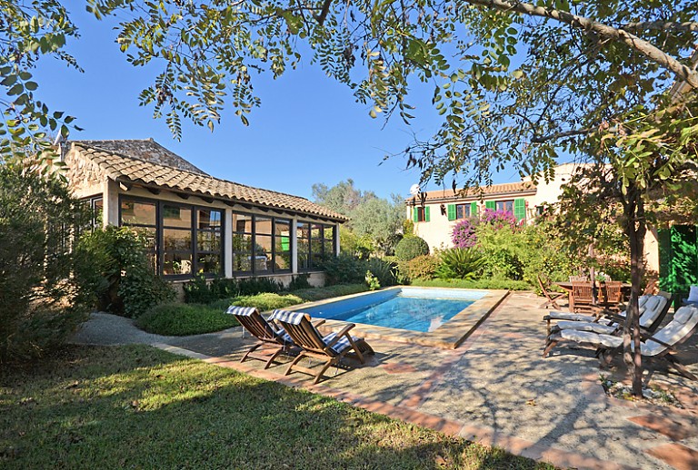 Ferienhaus Pool Sonnenliegen Bäume 