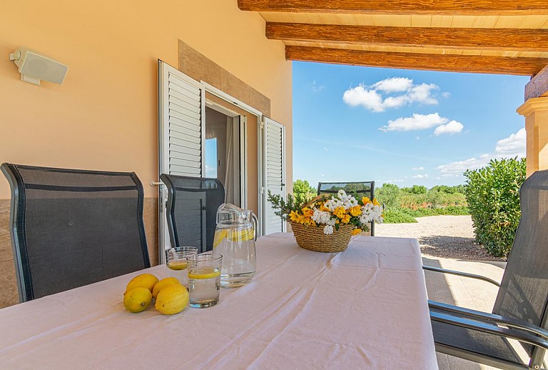 Terrasse mit Vordach und Esstisch im Schatten