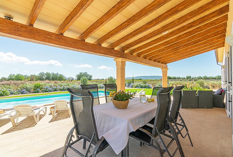 Poolblick von der Terrasse mit Vordach und Gartenmöbeln im Schatten