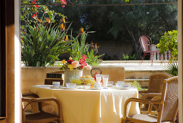 Terrasse mit Esstisch und Pflanzen